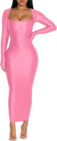 فستان Ophestin Bodycon ماكسي للنساء لامع بأكمام طويلة ورقبة مربعة وفستان طويل وفساتين أعياد الميلاد الليلية in Kuwait