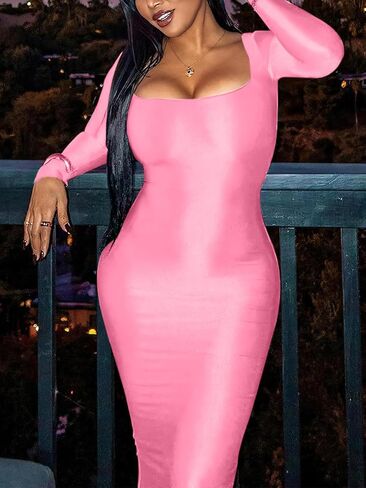 فستان Ophestin Bodycon ماكسي للنساء لامع بأكمام طويلة ورقبة مربعة وفستان طويل وفساتين أعياد الميلاد الليلية in Kuwait