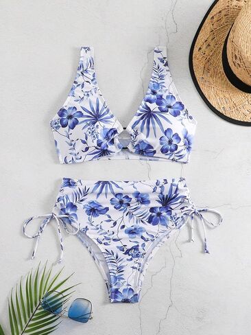 WDIRARA Women's 2 Piece Floral Print Bikini Swimsuits Ring Drawstring High Waisted Beach Bathing Suit in Kuwait