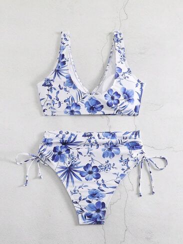 WDIRARA Women's 2 Piece Floral Print Bikini Swimsuits Ring Drawstring High Waisted Beach Bathing Suit in Kuwait