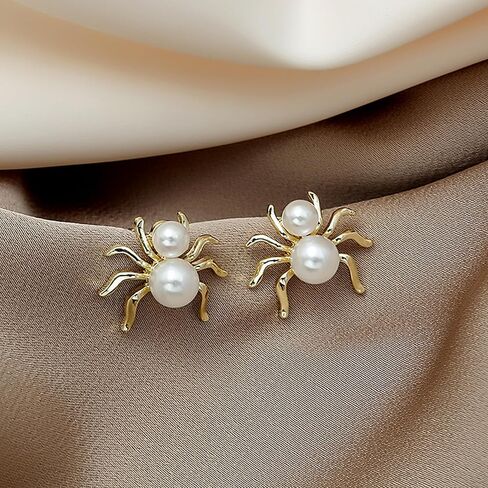 أقراط العنكبوت للنساء أبيض لؤلؤة العنكبوت الأقراط في أقراط الحيوانات الصغيرة الهدايا المجوهرات مضحكة in Kuwait