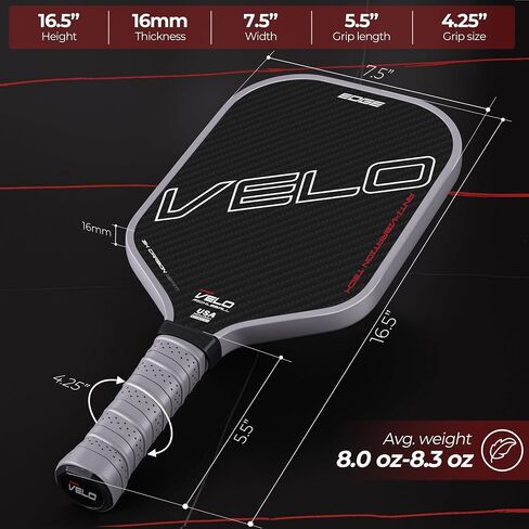مجاذيف Velo 3K Pickleball ، مجداف ألياف الكربون الخام مع التحكم والدوران ، حافة حقن الرغوة المزدوجة لبقعة حلوة كبيرة ، جوهر 16 مم ، مقبض طويل مضاد للانزلاق ، معتمدة من USAPA in Saudi Arabia