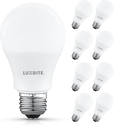 Luxrite A19 مصباح LED LED 60 واط مكافئ ، غير قابلة للوقت ، CRI80 ، 3500K أبيض طبيعي ، 800 لتر ، مصابيح مصباح LED القياسية 8W ، قاعدة E26 ، التثبيت المرفق ، مصنفة رطبة ، ETL مدرجة (8 حزمة) in Kuwait