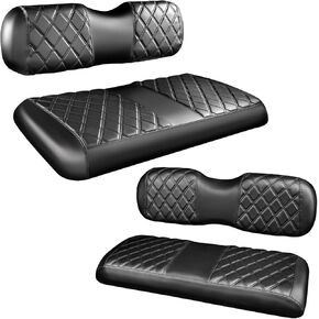 NOKINS 4PCS Golf Cart Diamond Seat Covers Kit,Front and Rear Seat Covers Fits for EZGO/Club Car/Yamaha Original Regular Seat Cushion, No Stapler,Black Stitching
