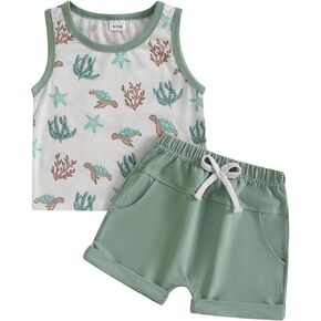 Toddler Baby Boy Clothes Sleeveless Tank Tops + Striped Print Jogger Shorts with Pockets 2Pcs Summer Outfits