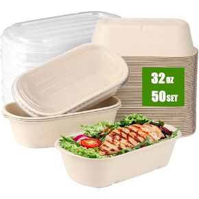 TINSKY 50 Pack Meal Prep Containers 32 Oz Paper Bowls with Lids Large Deep Rectangle Disposable Food Containers for Burrito, Nacho, Salad, Pasta
