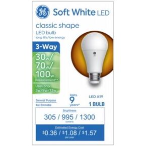 93130562 LED 3-Way Light Bulb, A19 Medium Base, Soft White, 3/9/13 Watt - Quantity 1
