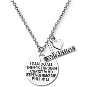 Sportybella Swimming Necklace Faith I Can Do All Things Through Christ Who Strengthens Me Phil. 4:13 Swim Charm Pendent, Scripture Jewelry Christian Gifts for Swimmer