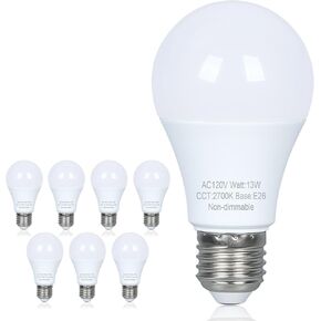 8 Pack LED Light Bulbs 100 watt Equivalent, Efficient 13W, Warm Light Bulbs 2700K, E26 Medium Base, Standard A19 LED Bulb, 120V, Non-Dimmable