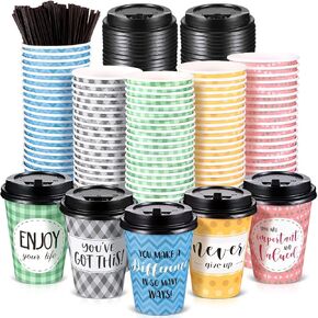 Gerrii 100 Pack Disposable Coffee Cups with Lids and Straws, Motivational Paper Hot Cups with 6 Quotes and Designs for Water, Juice, Coffee, Tea, Home, Shop Cafe(12 oz)