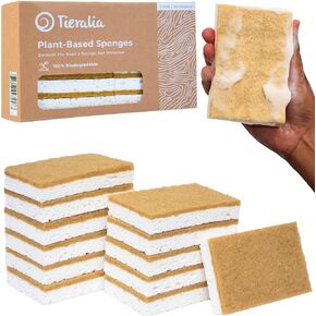 Tieralia Plant-Based Sponges - 12 Pack - 100% Compostable, Non-Scratch, Odor-Free - Made from Wood Cellulose & Sisal for Kitchen Cleaning