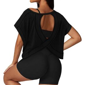 Open Back Workout Tops for Women Athletic Tee Short Sleeve Gym Yoga Shirt