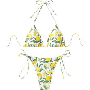 Women's 2 Piece Bikini Set Graphic Halter Tie Backless Swimsuits Cute String Bathing Suit
