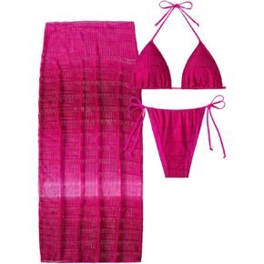 Women's 3 Piece Halter Bikini Set Textured High Cut Bathing Suit with Cover Up Beach Skirt