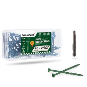 WELLOCKS Deck Screws 2-1/2", Wood Screws #8×2-1/2", Green 128 PCS, Superior Rust Resistant, Epoxy Coated, Above 1000 Hour Salt Spray Coating T25 Torx Star Bit Included for Outdoor Wood Fence