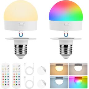 E26 Rechargeable Light Bulb with Remote, Battery Operated Backup Bulb for Sconces & Lamps, Magnetic Detachable, Wireless Puck Light Bulbs for Non-Hardwired, Dimmer＆Timer, 3 Color, 12 RGB, 2 Pack