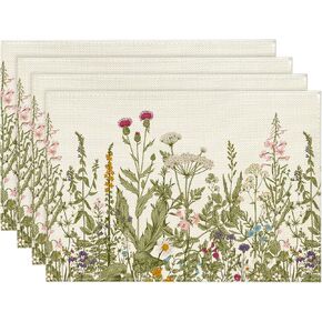 Artoid Mode Antique Herbs and Wild Flowers Summer Placemats Set of 4, 12x18 Inch Seasonal Wildflower Spring Table Mats for Party Kitchen Dining Decoration