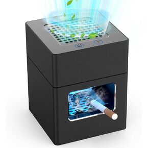 Rechargeable Mini Ashtray with Lid,Detachable Ash tray with Lighter,Aluminum Smokeless Trash Can with USB Line,Portable Ashtray with LED Blue Light (Black)