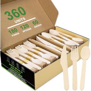 Disposable Wooden Cutlery Set - 360 Pcs Compostable Utensils [180 Forks, 60 Knives, 120 Spoons], Biodegradable Eco-Friendly Wooden Utensil Set, Disposable Cutlery for Parties Camping