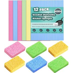 MEUUT 12 Packs Swedish Dishcloths and Kitchen Sponges for Cleaning, Reusable Absorbent Compressed Cellulose Cleaning Sponge Dish Clothes for Kitchen and Household Use