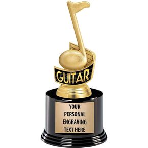Crown Awards Guitar Trophies with Custom Engraving, 7.25" Personalized Guitar Trophy On Deluxe Round Base Prime