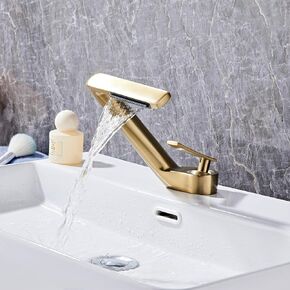 Bathroom Faucet Gold Bathroom Sink Faucet Waterfall - Modern One Hole Bathroom Vanity Basin Faucet with Water Supply Hoses Deck Mount