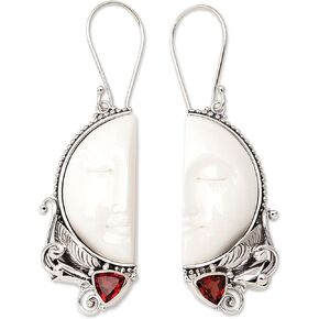 NOVICA Artisan Handmade Garnet Dangle Earrings Silver Crescent Moon from Bali Sterling Red White Indonesia Sun Birthstone 'Crescent Moons'