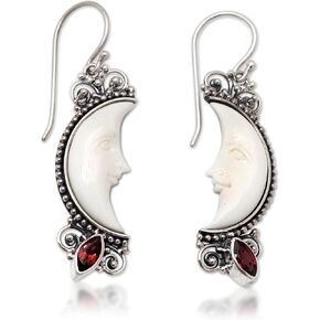 NOVICA Artisan Handmade Garnet Dangle Earrings Silver Crescent Moon from Bali Sterling Red White Indonesia Sun Birthstone 'Crescent Moons'