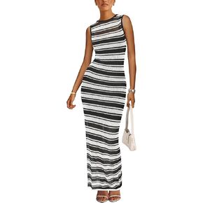 MASCOMODA Womens Summer Striped Crochet Swimsuit Coverup Sleeveless Maxi Dress Knit Beach Long Sundress Vacation Outfits