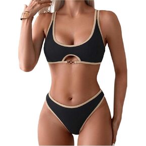 WDIRARA Women's Color Block 2 Piece Bikini Set Hollow Out High Waist Bathing Suit