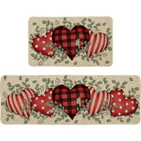 Artoid Mode Eucalyptus Love Heart Valentine's Day Decorative Kitchen Mats Set of 2, Home Party Low-Profile Home Kitchen Rugs - 17x29 and 17x47 Inch