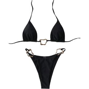 OYOANGLE Women's Ring Linked Triangle Halter Bikini Swimsuit High Cut Bathing Suit Beachwear in Kuwait