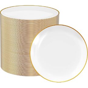 FOCUSLINE 100 Count Gold Plastic Plates 7 Inch, Disposable Heavy Duty Salad Dessert Plates, Premium Hard Plastic Plates Fancy Disposable White Plates with Gold Rim for Wedding Parties