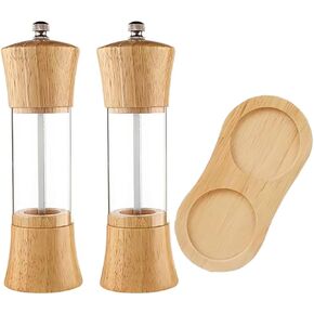 Wooden Clear Pepper Grinder with Base Set, Kitchen Pepper Sea Salt Black Pepper Mill, Home Camping Seasoning Bottle