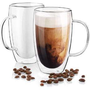 Double Wall Glass Coffee Mugs Set of 2, 16 oz Insulated Coffee Mug with Handle, Clear Borosilicate Glass Coffee Cups for Cappuccino, Tea, Lightweight and Microwave Safe