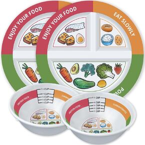 4 Pcs Portion Control Plates & Bowls Set (9 Inch), Self-Measuring for Weight Loss, Gastric Bypass, LapBand, Diabetes, & Healthy Diets, Divided Nutrition Plates for Adults & Children