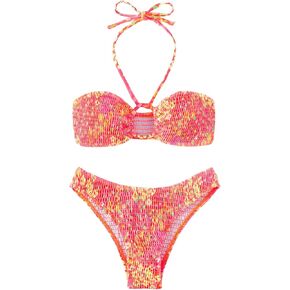 SweatyRocks Women's Bikini Sets Cut Out Floral Print Halter Two Piece Bathing Suit Smocked Swimsuit