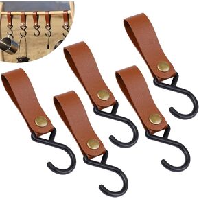 LiveGallery 5pcs S Shaped Leather Hooks, S-Hooks for Hanging, Camping Hook Hanger Stroller Hooks, Portable Outdoor Camping Hanging Hook for Kitchen Bathroom Towel Coat (Brown)