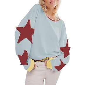utcoco Oversized Sweatshirt for Women Star Patches Crew Neck Long Sleeve Shirts Hoodies Fashion Y2K Tops