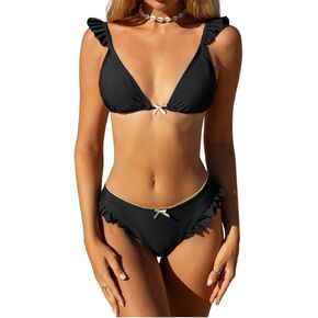 ZAFUL Women's Triangle Bikini Set Bow Decor Ruffle Trim Spaghetti Straps Lace Bikini Swimsuit 2 Pieces Tie Bathing Suits