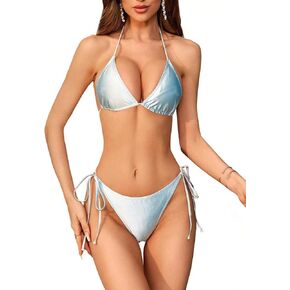 WDIRARA Women's Satin 2 Piece Swimsuit Tie Back Halter Neck Triangle Bikini Set