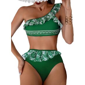 MakeMeChic Women's Two Piece Bikini Sets One Shoulder Floral Print Ruffle High Waisted Swimsuit Bathing Suit in Kuwait
