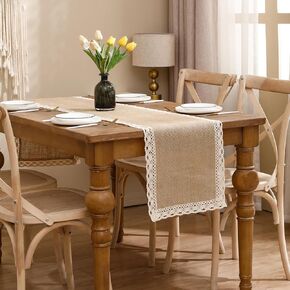 Tosleo Natural Jute Braided Table Runner 13''x 90'' Long Farmhouse Table Runner with Beige Lace for Wedding Parties BBQ's Everyday Holidays Rustic Vintage Dining Table Runner(One Piece)