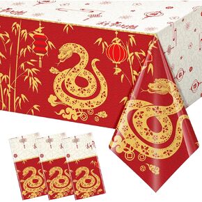 3Pcs Chinese New Year 2025 Plastic Tablecloths Decorations,54x108 Inch Red Gold Snake Happy New Year Disposable Table Cover Rectangle Party Table Cloth for Asian Lunar New Year Eve Party Supplies