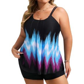 Hanna Nikole Women Plus Size Tankini Swimsuit Two Piece Tummy Control Bathing Suit Double Up Strap Swim Top with Boyshorts