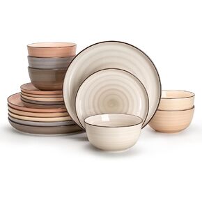 Sweese Plates and Bowls Sets, 18 Piece Dinnerware Set Porcelain Round Dinner Set for 6, Scratch Resistant Dishes Set, Dishwasher and Oven Microwave Safe Handpainted Swirl Dishware Sets, Neutral