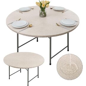 Fitable 2 Pack Faux Linen Round Table Cover with Flannel Backing, Vinyl Fitted Elastic Tablecloth Waterproof Table Cloth for Picnic, Party, Indoor Dining, Nature (Fit for 45"-56" Round Tables)