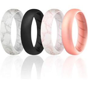 ROQ Silicone Rings for Women, Breathable Silicone Rings, Sets of 4 Bands, Unique Silicone Wedding Ring for Women, Medical Grade Silicone Rubber Band - Marble, Rose Gold, Black Colors - Size 5