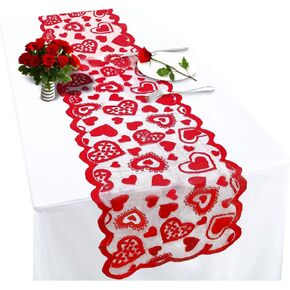 JOYFISCO Valentines Day Decor Table Runner, Red Heart Lace Table Runner for Wedding Party, Valentines Decorations, Anniversary Kitchen Dining Table Decoration Home Party, 13x72 Inches