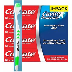 4-Pack Cavity Protection Fresh Toothpaste with Fluoride, Regular Flavor, 8oz, (Total 32 oz) Plus 1-Pack ODWIRA Toothbrush for Colgate Toothpaste